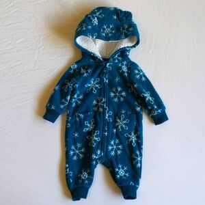 carter's teal snowflake fleece zip-up jumpsuit with lined hood size newborn baby